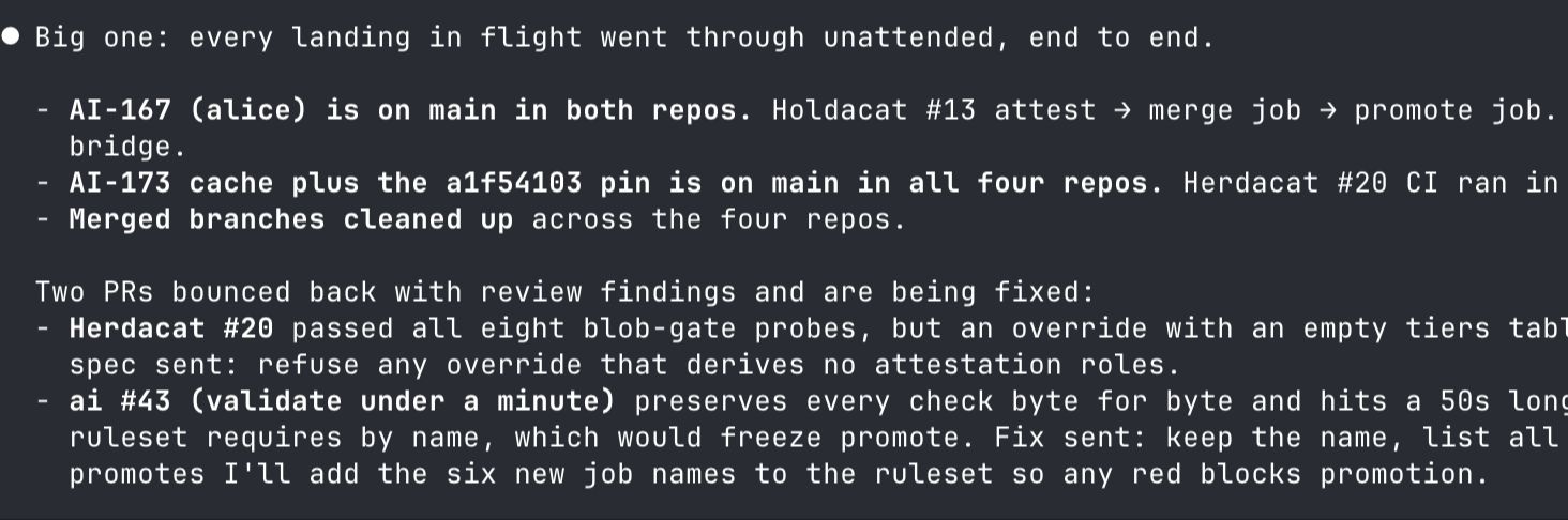 Terminal output from the unattended review and promotion pipeline.
